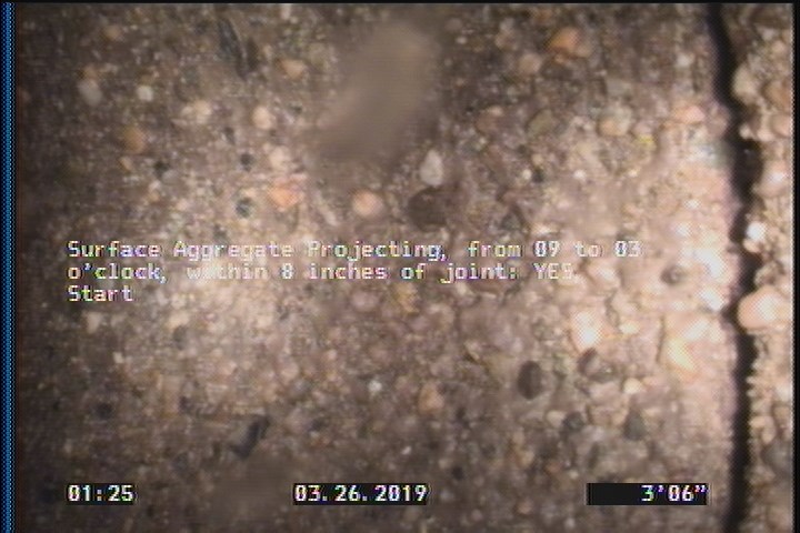 Surface Aggregate Projecting, from 09 to 03 o'clock, within 8 inches of joint: YES, Start