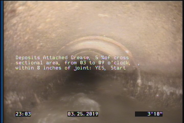 Deposits Attached Grease, 5 %of cross sectional area, from 03 to 09 o'clock, , within 8 inches of joint: YES, Start