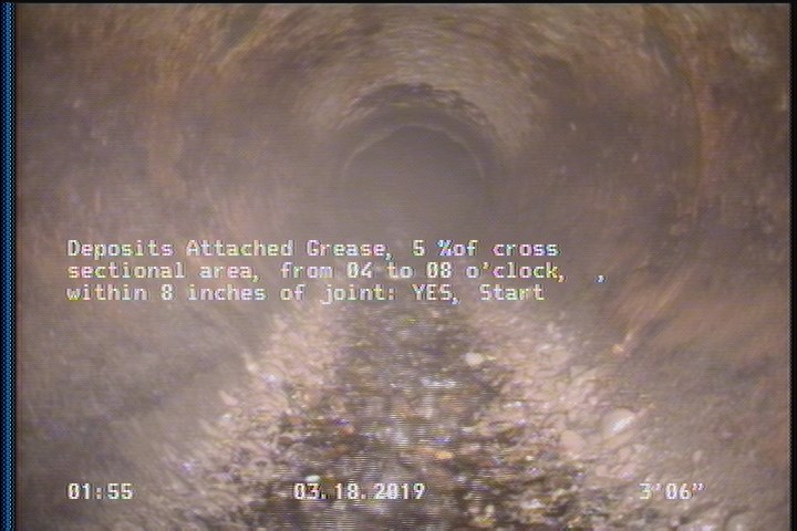 Deposits Attached Grease, 5 %of cross sectional area, from 04 to 08 o'clock, , within 8 inches of joint: YES, Start