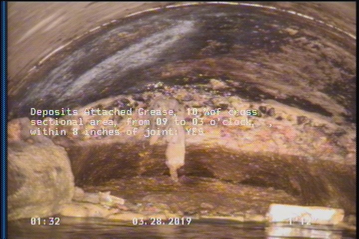 Deposits Attached Grease, 10 %of cross sectional area, from 09 to 03 o'clock, , within 8 inches of joint: YES
