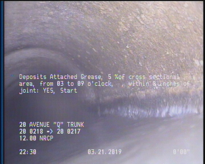 Deposits Attached Grease, 5 %of cross sectional area, from 03 to 09 o'clock, , within 8 inches of joint: YES, Start