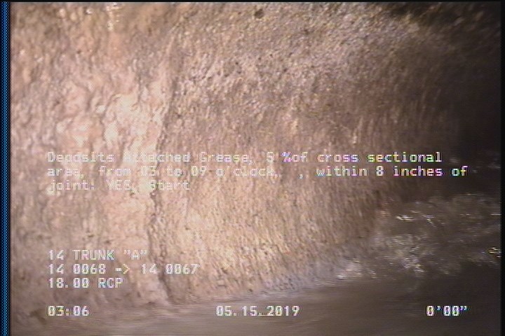 Deposits Attached Grease, 5 %of cross sectional area, from 03 to 09 o'clock, , within 8 inches of joint: YES, Start