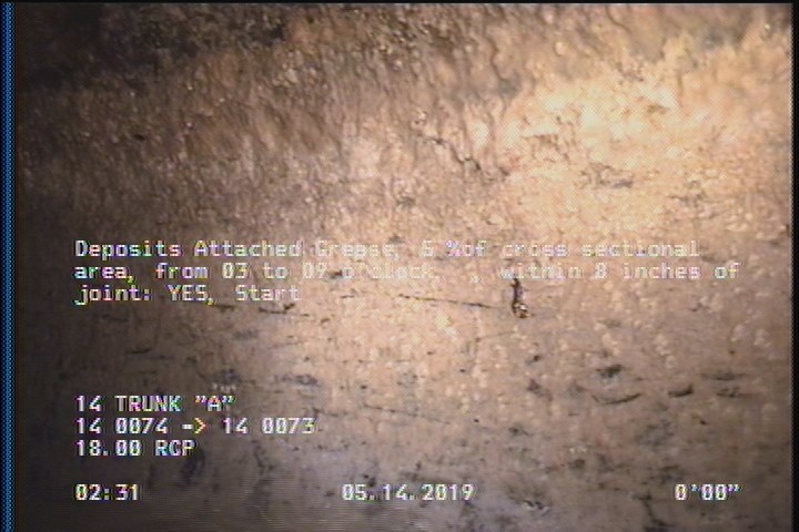 Deposits Attached Grease, 5 %of cross sectional area, from 03 to 09 o'clock, , within 8 inches of joint: YES, Start