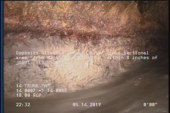 Deposits Attached Grease, 5 %of cross sectional area, from 03 to 09 o'clock, , within 8 inches of joint: YES, Start