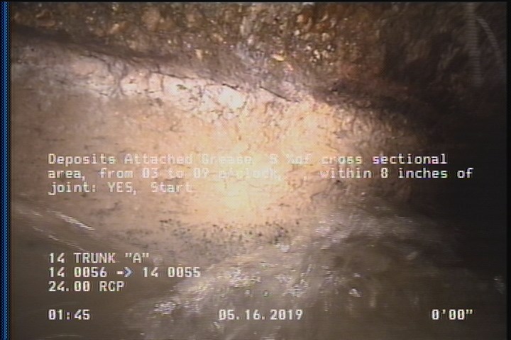 Deposits Attached Grease, 5 %of cross sectional area, from 03 to 09 o'clock, , within 8 inches of joint: YES, Start