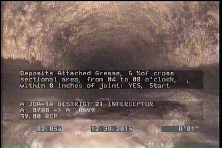 Deposits Attached Grease, 5 %of cross sectional area, from 04 to 08 o'clock, , within 8 inches of joint: YES, Start