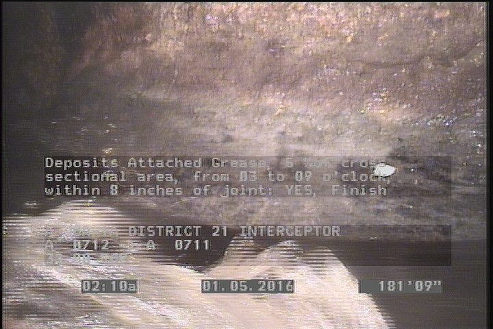 Deposits Attached Grease, 5 %of cross sectional area, from 03 to 09 o'clock, , within 8 inches of joint: YES, Finish