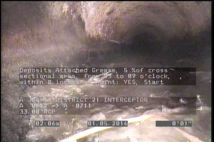Deposits Attached Grease, 5 %of cross sectional area, from 03 to 09 o'clock, , within 8 inches of joint: YES, Start