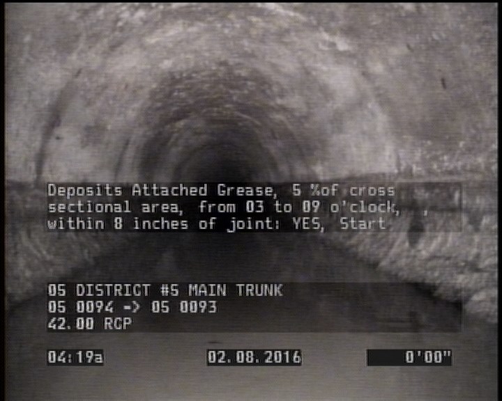 Deposits Attached Grease, 5 %of cross sectional area, from 03 to 09 o'clock, , within 8 inches of joint: YES, Start