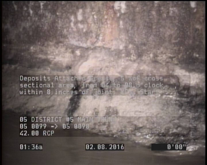 Deposits Attached Grease, 5 %of cross sectional area, from 04 to 08 o'clock, , within 8 inches of joint: YES, Start