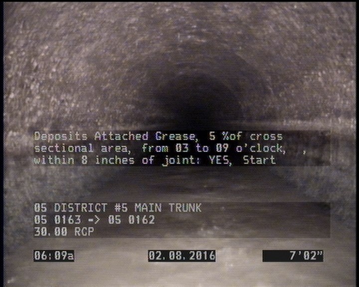 Deposits Attached Grease, 5 %of cross sectional area, from 03 to 09 o'clock, , within 8 inches of joint: YES, Start