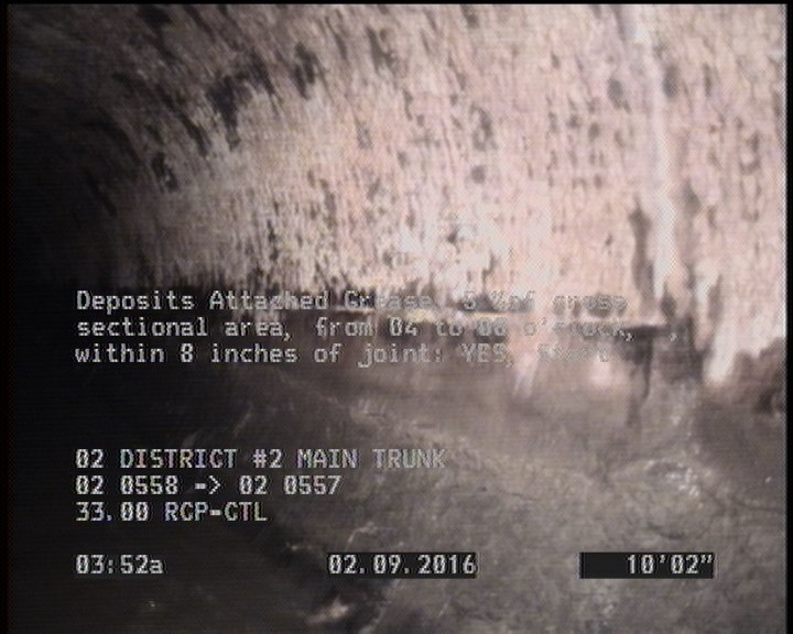 Deposits Attached Grease, 5 %of cross sectional area, from 04 to 08 o'clock, , within 8 inches of joint: YES, Start