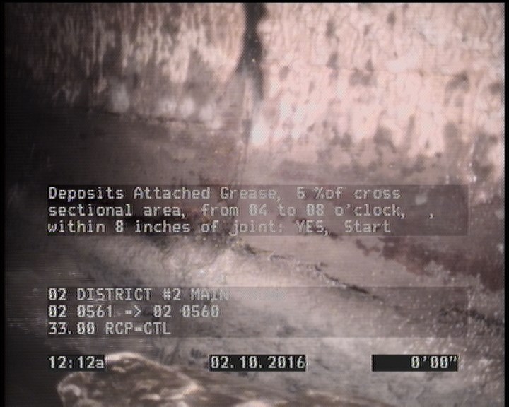 Deposits Attached Grease, 5 %of cross sectional area, from 04 to 08 o'clock, , within 8 inches of joint: YES, Start