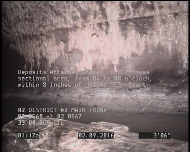 Deposits Attached Grease, 5 %of cross sectional area, from 04 to 08 o'clock, , within 8 inches of joint: YES, Start