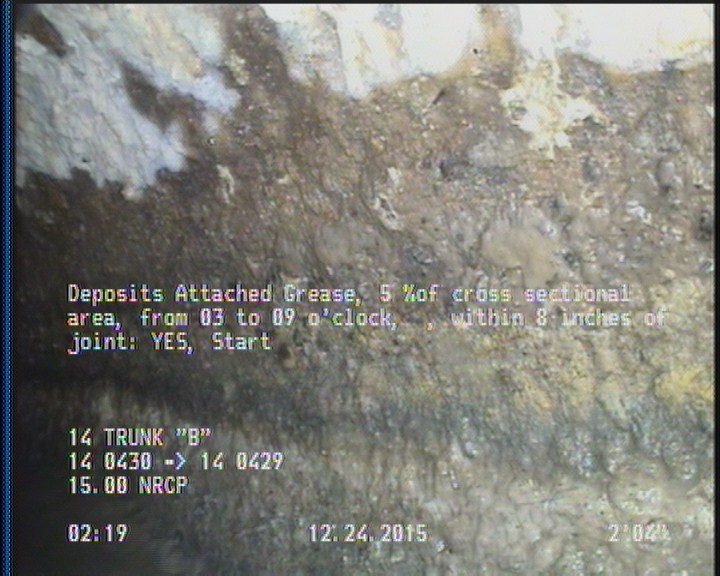 Deposits Attached Grease, 5 %of cross sectional area, from 03 to 09 o'clock, , within 8 inches of joint: YES, Start