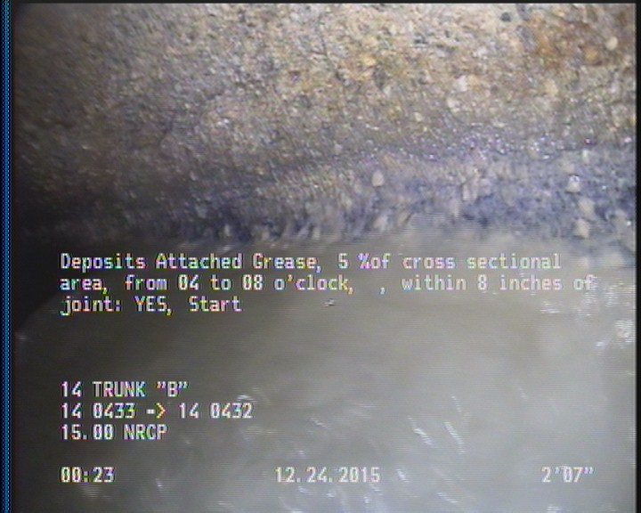 Deposits Attached Grease, 5 %of cross sectional area, from 04 to 08 o'clock, , within 8 inches of joint: YES, Start