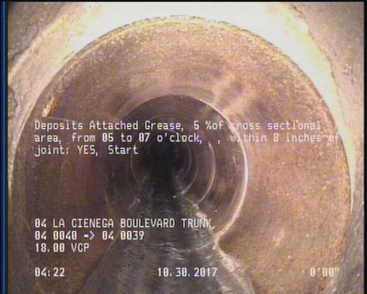 Deposits Attached Grease, 5 %of cross sectional area, from 05 to 07 o'clock, , within 8 inches of joint: YES, Start