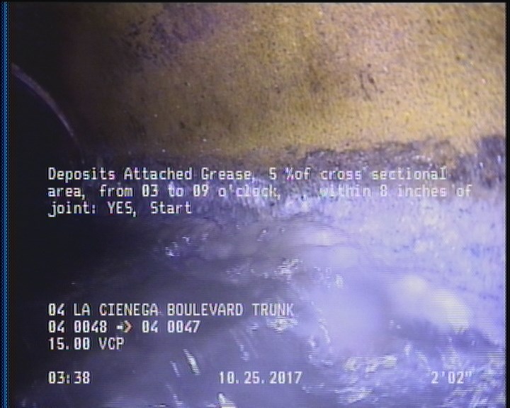 Deposits Attached Grease, 5 %of cross sectional area, from 03 to 09 o'clock, , within 8 inches of joint: YES, Start