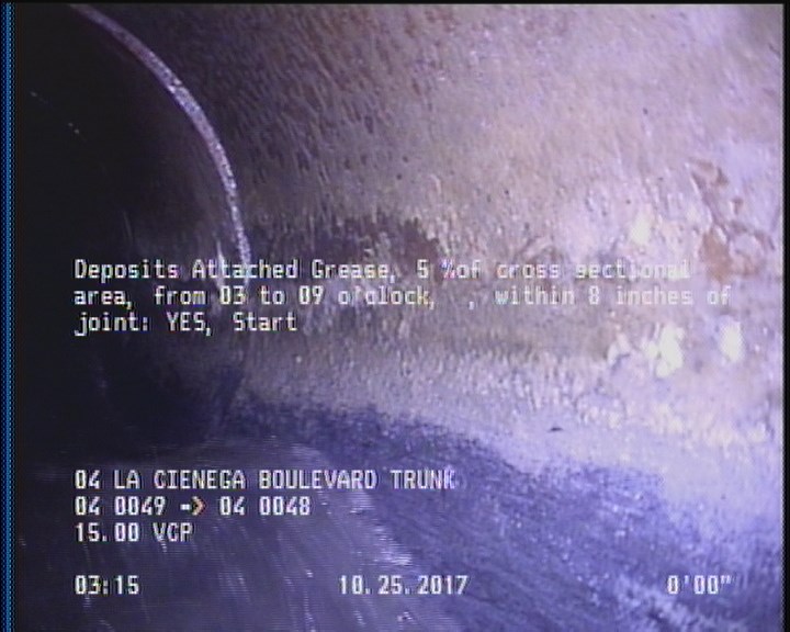 Deposits Attached Grease, 5 %of cross sectional area, from 03 to 09 o'clock, , within 8 inches of joint: YES, Start