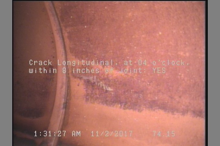 Crack Longitudinal, at 02 o'clock, within 8 inches of joint: YES