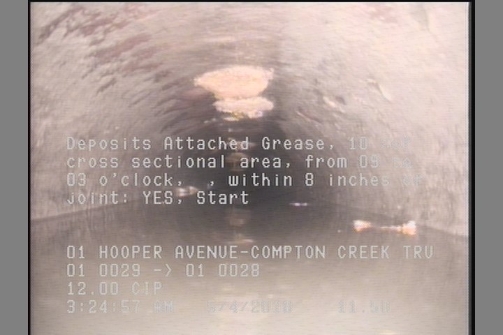 Deposits Attached Grease, 10 %of cross sectional area, from 09 to 03 o'clock, , within 8 inches of joint: YES, Start
