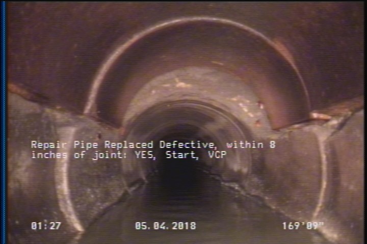 Repair Pipe Replaced Defective, within 8 inches of joint: YES, Start - VCP