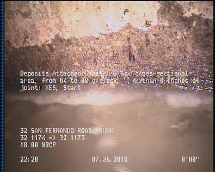 Deposits Attached Grease, 5 %of cross sectional area, from 04 to 08 o'clock, , within 8 inches of joint: YES, Start