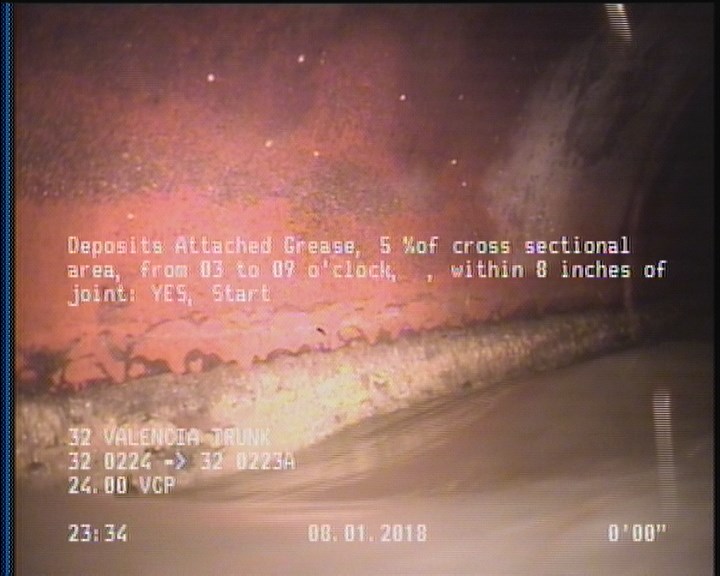 Deposits Attached Grease, 5 %of cross sectional area, from 03 to 09 o'clock, , within 8 inches of joint: YES, Start
