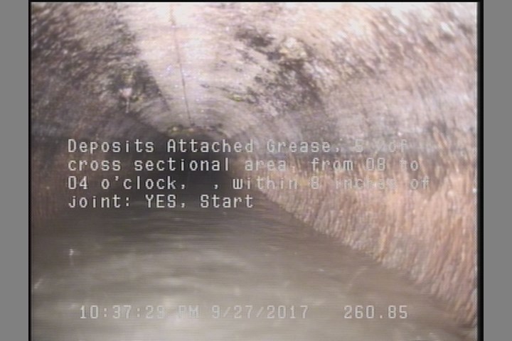 Deposits Attached Grease, 5 %of cross sectional area, from 08 to 04 o'clock, , within 8 inches of joint: YES, Start