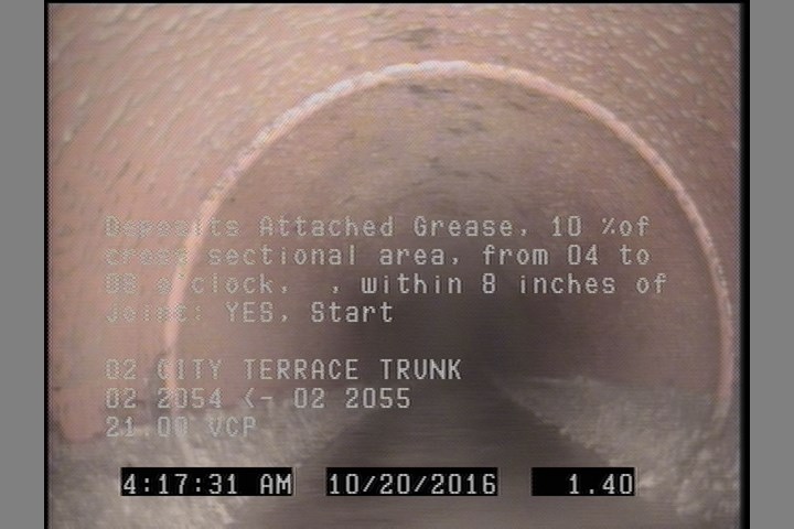 Deposits Attached Grease, 10 %of cross sectional area, from 04 to 08 o'clock, , within 8 inches of joint: YES, Start