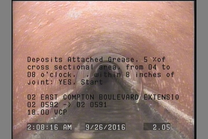 Deposits Attached Grease, 5 %of cross sectional area, from 04 to 08 o'clock, , within 8 inches of joint: YES, Start