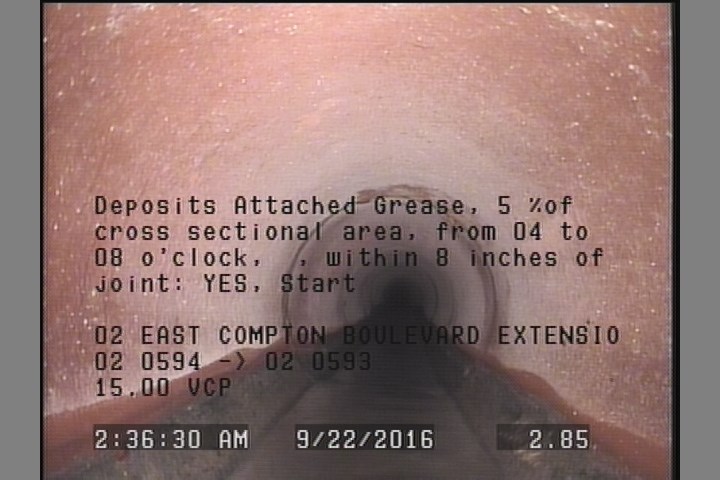 Deposits Attached Grease, 5 %of cross sectional area, from 04 to 08 o'clock, , within 8 inches of joint: YES, Start