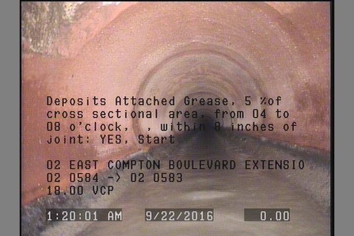 Deposits Attached Grease, 5 %of cross sectional area, from 04 to 08 o'clock, , within 8 inches of joint: YES, Start