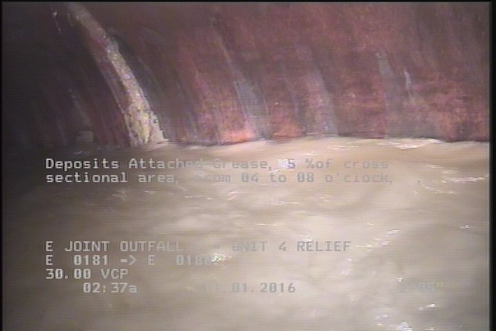 Deposits Attached Grease, 5 %of cross sectional area, from 04 to 08 o'clock, , within 8 inches of joint: YES, Start