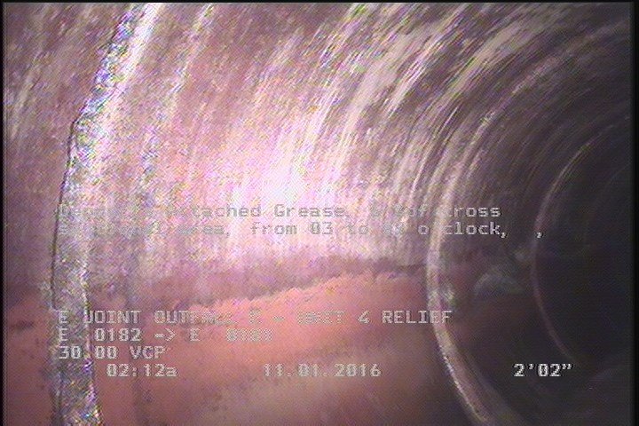 Deposits Attached Grease, 5 %of cross sectional area, from 03 to 09 o'clock, , within 8 inches of joint: YES, Start