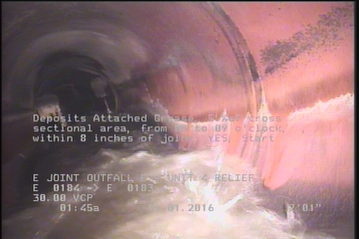 Deposits Attached Grease, 5 %of cross sectional area, from 03 to 09 o'clock, , within 8 inches of joint: YES, Start