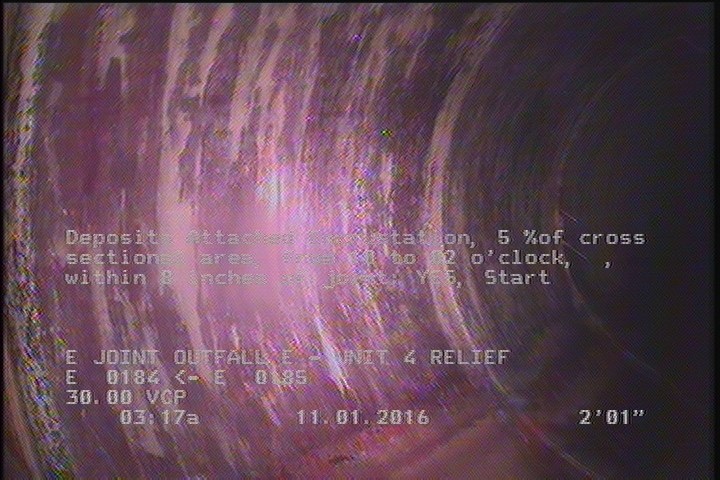 Deposits Attached Encrustation, 5 %of cross sectional area, from 10 to 02 o'clock, , within 8 inches of joint: YES, Start