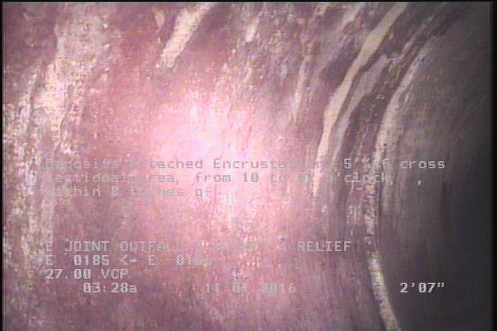 Deposits Attached Encrustation, 5 %of cross sectional area, from 10 to 02 o'clock, , within 8 inches of joint: YES, Start