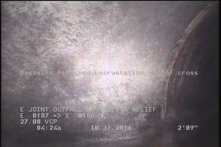 Deposits Attached Encrustation, 5 %of cross sectional area, from 08 to 04 o'clock, , within 8 inches of joint: YES, Start