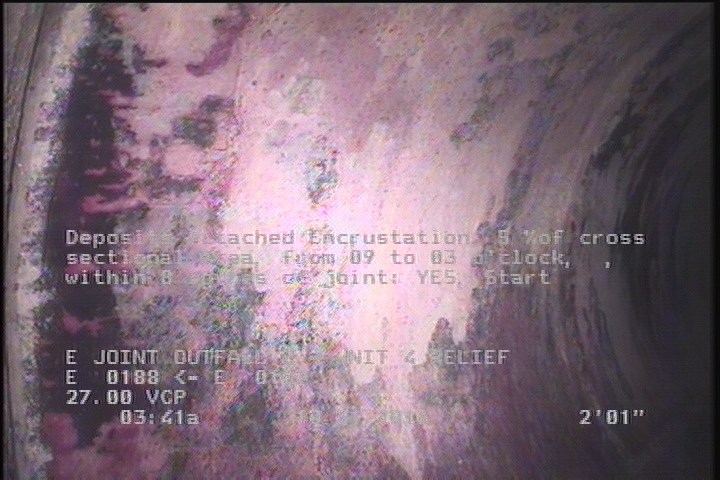 Deposits Attached Encrustation, 5 %of cross sectional area, from 09 to 03 o'clock, , within 8 inches of joint: YES, Start