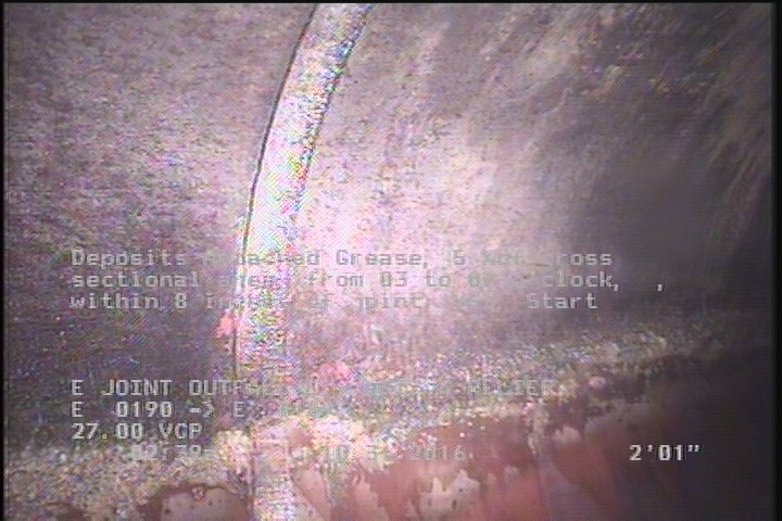 Deposits Attached Grease, 5 %of cross sectional area, from 03 to 09 o'clock, , within 8 inches of joint: YES, Start