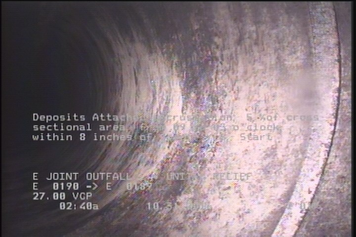 Deposits Attached Encrustation, 5 %of cross sectional area, from 09 to 03 o'clock, , within 8 inches of joint: YES, Start
