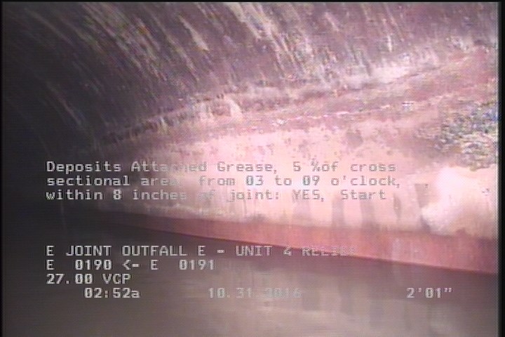 Deposits Attached Grease, 5 %of cross sectional area, from 03 to 09 o'clock, , within 8 inches of joint: YES, Start