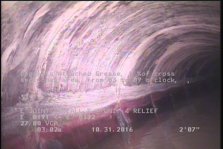 Deposits Attached Grease, 5 %of cross sectional area, from 03 to 09 o'clock, , within 8 inches of joint: YES, Start