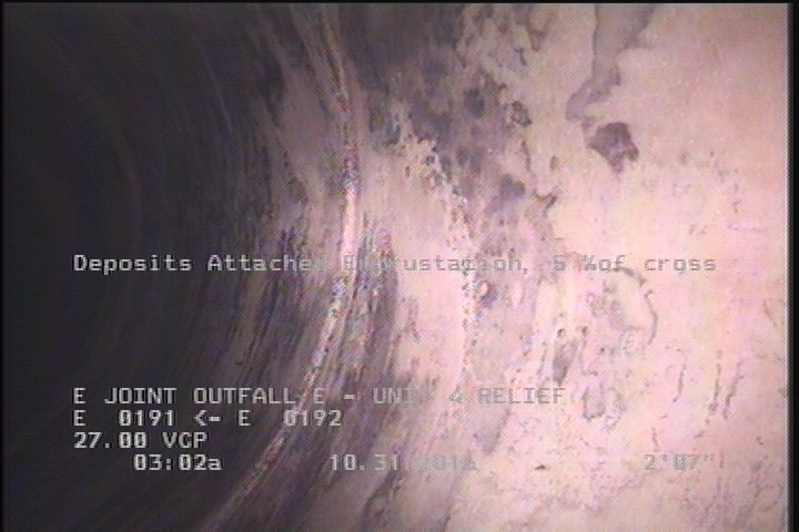 Deposits Attached Encrustation, 5 %of cross sectional area, from 09 to 03 o'clock, , within 8 inches of joint: YES, Start