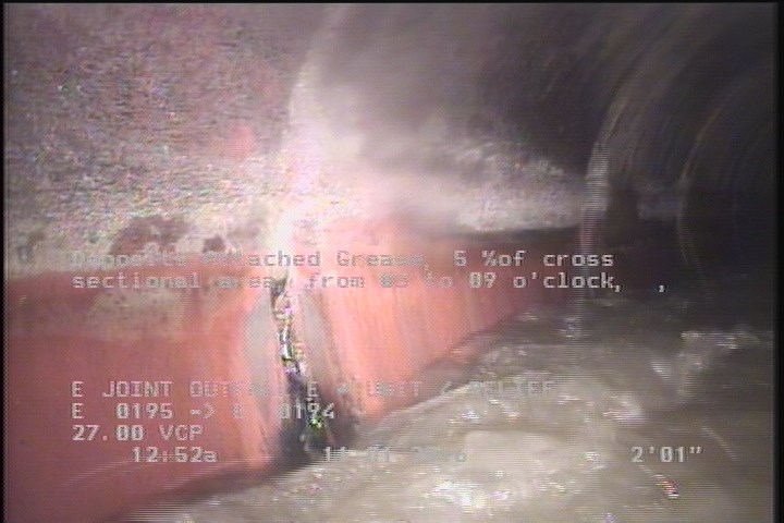Deposits Attached Grease, 5 %of cross sectional area, from 03 to 09 o'clock, , within 8 inches of joint: YES, Start