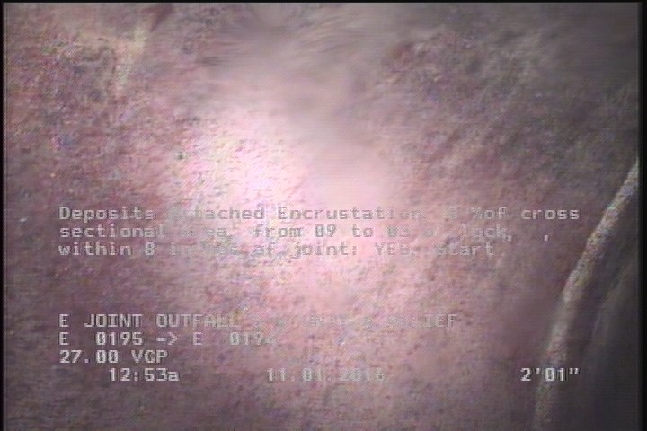 Deposits Attached Encrustation, 5 %of cross sectional area, from 09 to 03 o'clock, , within 8 inches of joint: YES, Start