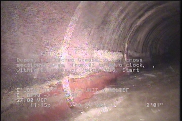 Deposits Attached Grease, 5 %of cross sectional area, from 03 to 09 o'clock, , within 8 inches of joint: YES, Start