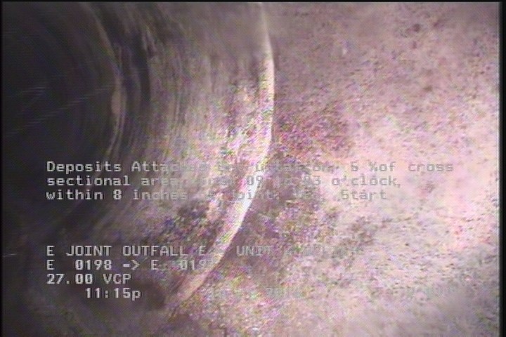 Deposits Attached Encrustation, 5 %of cross sectional area, from 09 to 03 o'clock, , within 8 inches of joint: YES, Start