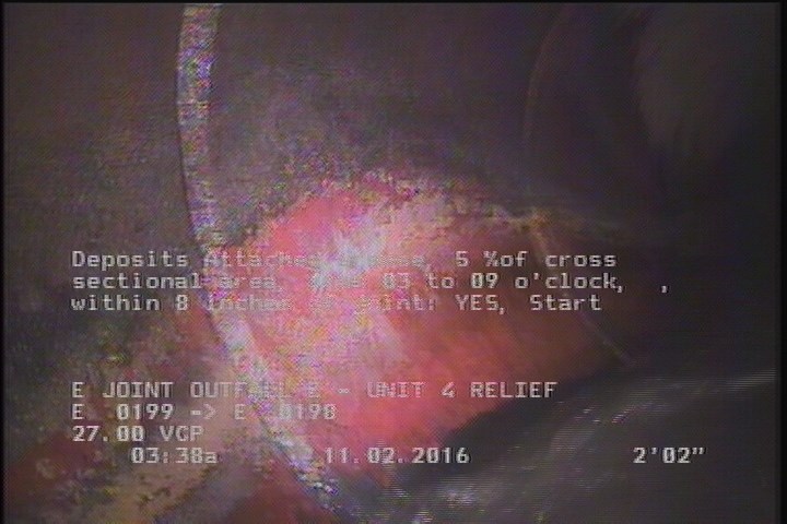 Deposits Attached Grease, 5 %of cross sectional area, from 03 to 09 o'clock, , within 8 inches of joint: YES, Start